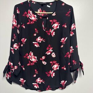 41 Hawthorn Black and Red Tie Front Blouse with 3/4 Sleeves